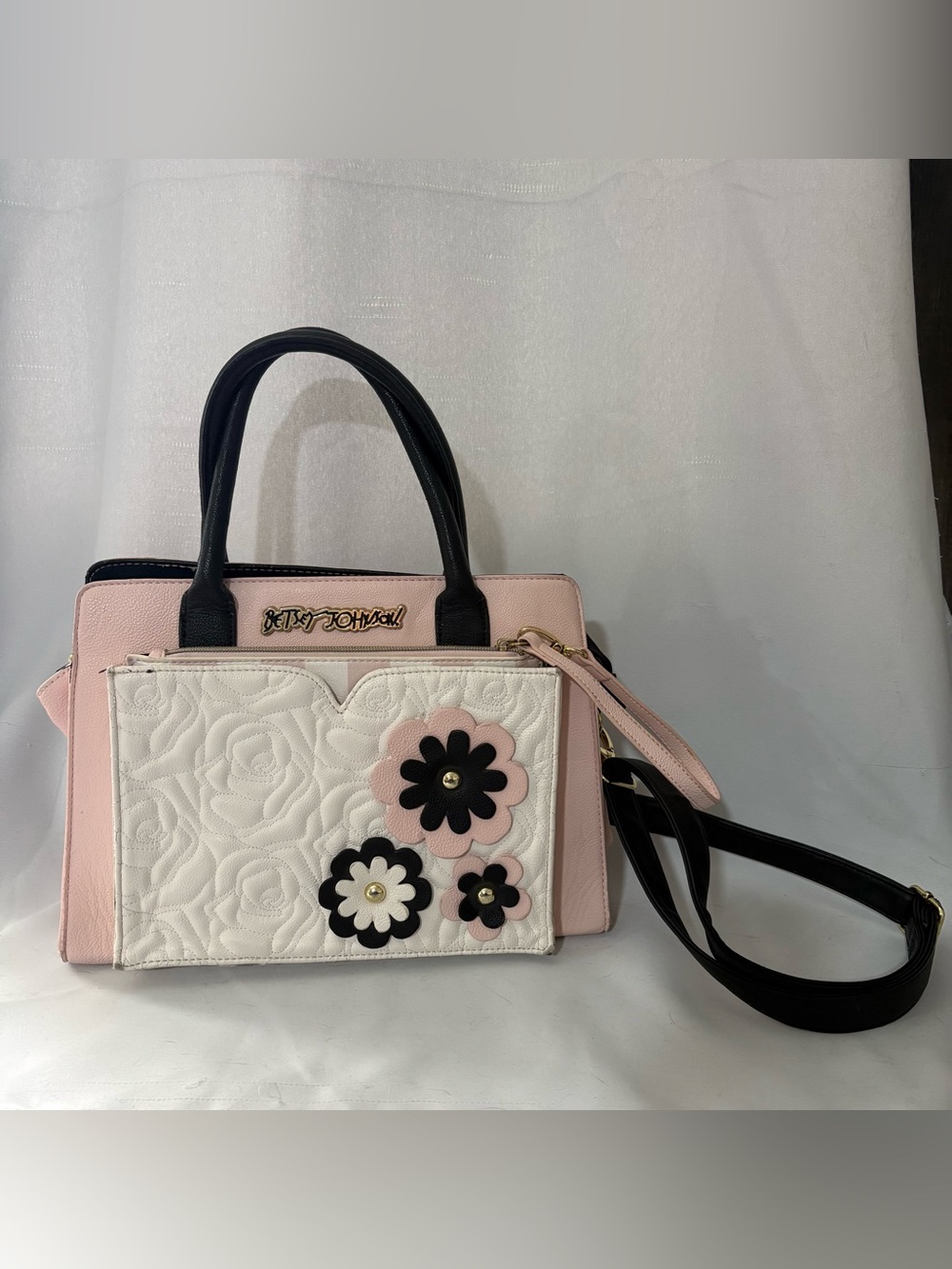 Betsey Johnson Pink White Black Floral Applique Satchel